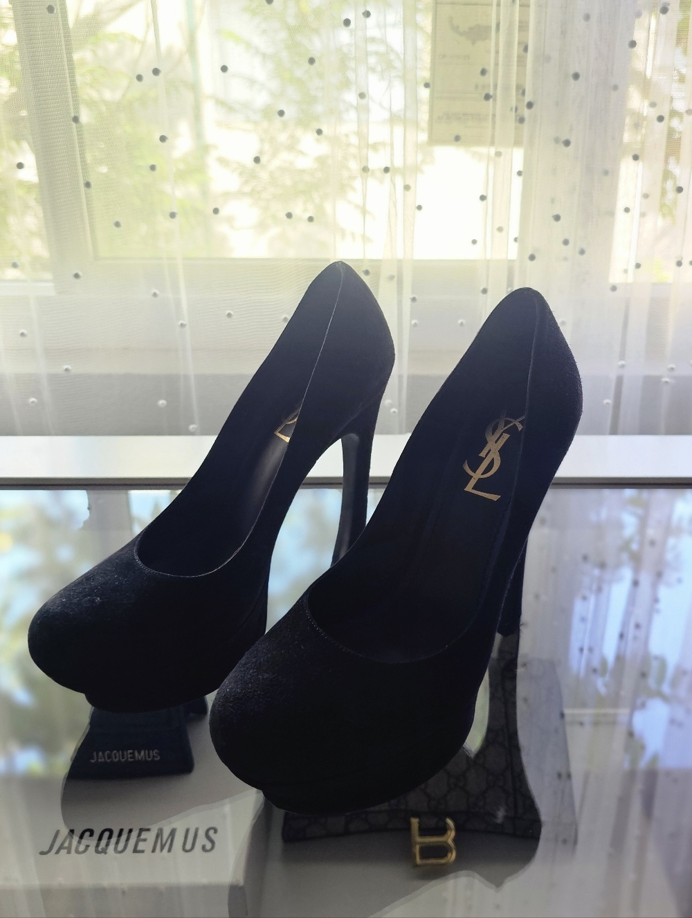🌟AUTHENTIC Saint Laurent YSL Navy Suede Platform Heels - Size 37 - Picture 2 of 15